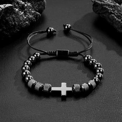 Cross Bracelet for Boys Teens, Adjustable Obsidian Beads Bracelets Christian Religious Jewelry Gifts for Teen Teenage Boys - style: Happy Easter