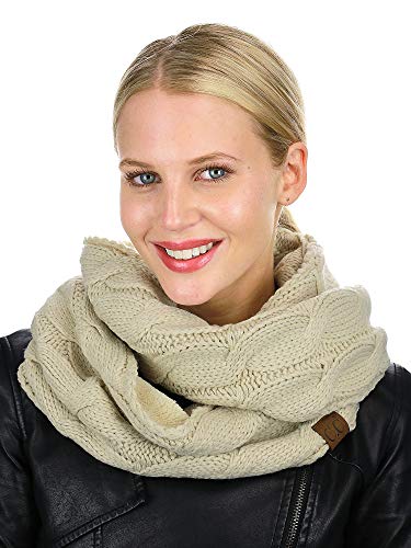 C.C Women's Winter Cable Knit Sherpa Lined Warm Infinity Pullover Scarf - color: Beige