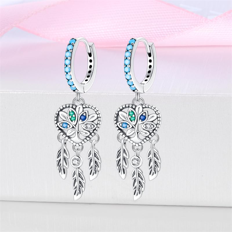925 Sterling Silver Cute Animal Unique Huggie Hoop Earrings for Women - color: Tree of Life Dreamcatcher