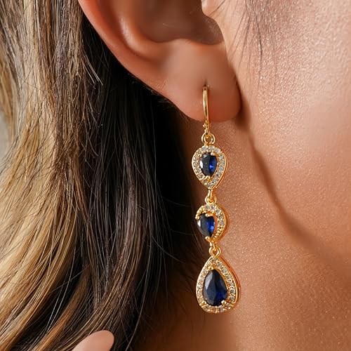 18K Gold Plated, Dangle Earrings for Women, Flower/Heart Drop earrings, Hypoallergenic Cubic Zirconia Earrings, Lightweight, Party, gold earrings, Jewelry for Gifts, Fashion - style: 0354-Navy
