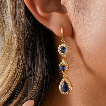 18K Gold Plated, Dangle Earrings for Women, Flower/Heart Drop earrings, Hypoallergenic Cubic Zirconia Earrings, Lightweight, Party, gold earrings, Jewelry for Gifts, Fashion - style: 0354-Navy