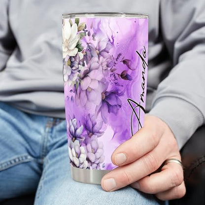 Personalized Floral Tumbler Custom Name Flower Insulated cups Travel Coffee Mug with Lids Stainless Steel 20 30 Oz Purple Gifts for Women Girl Birthday - color: Flower 628