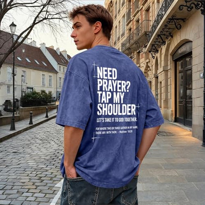 BINTEHGS Mens Christian T Shirts Need Prayer Tap My Shoulder Shirt Jesus Faith Oversized Graphic Tees God Acid Wash Tshirt - color: Blue, size: Medium