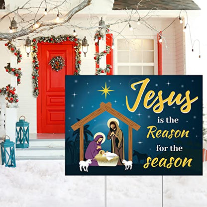 Jesus Is The Reason for The Season Yard Sign Christmas Outdoor Decorations Christmas Holiday Yard Lawn Sign with 2 Sticks Nativity Decoration for Church Home Businesses Stores Parties 19 x 14 Inch