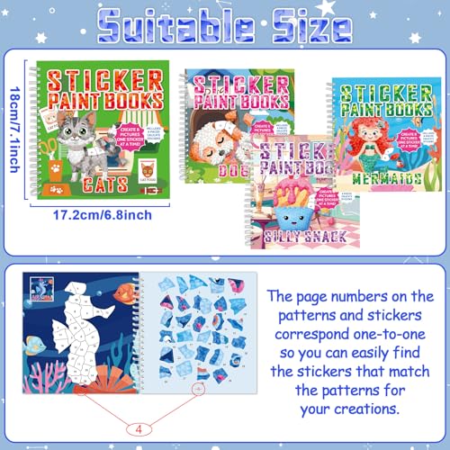 4Pcs Paint by Sticker Books Sticker by Number Books Activity Puzzle Book Craft Art Gift with Mermaid Cat Dog Silly Snack 32 Pictures Sticker by Number Book Set Party Favors - style: Cute Cartoon