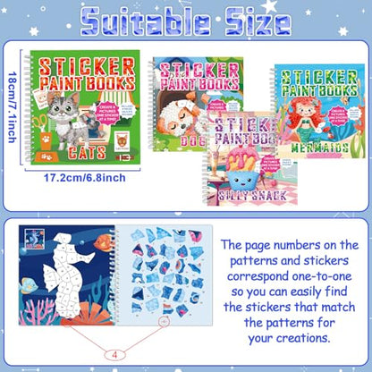 4Pcs Paint by Sticker Books Sticker by Number Books Activity Puzzle Book Craft Art Gift with Mermaid Cat Dog Silly Snack 32 Pictures Sticker by Number Book Set Party Favors - style: Cute Cartoon