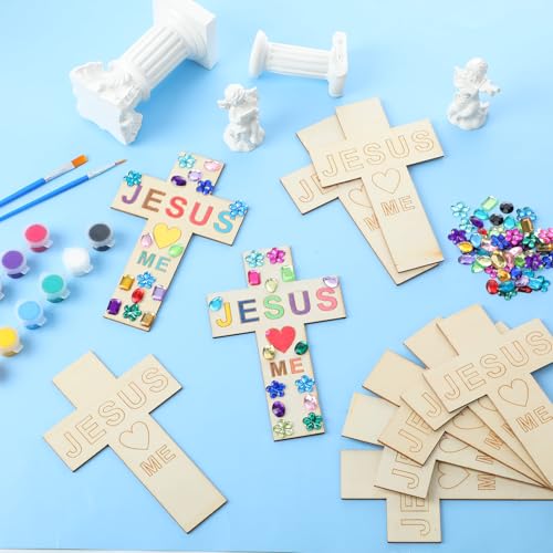 Blueweenly 20 Pcs DIY Wood Cross Crafts for Kids Sunday School Vacation Bible School Supplies Jesus Love Me Religious Christian Craft with Stickers Paint Unfinished Cross Gift for Church