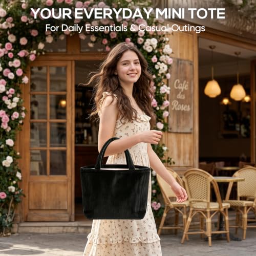 Sminra Small Bible Tote Bag for Women, Corduroy or Quilted Mini Tote Bag - color: Black
