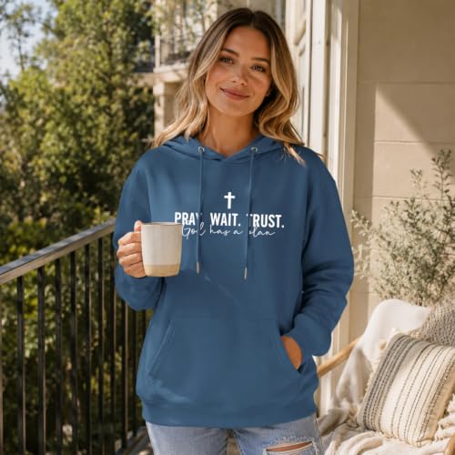Wrenpies Christian Faith Hoodie for Women Jesus God Religious Bible Verse Hoodies Cross Pray Wait Trust Graphic Sweatshirt - color: Deep Blue, size: XX-Large
