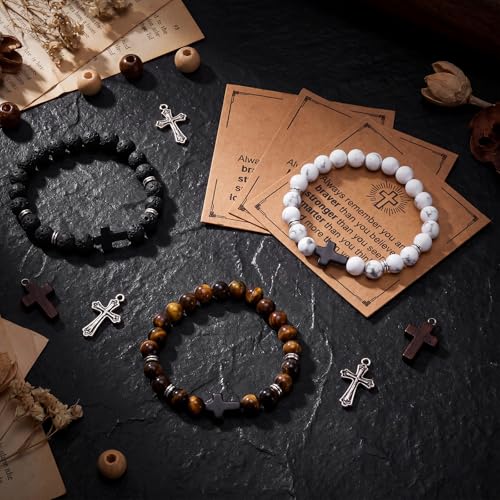 Kingdder 3 Pcs Cross Bracelet Tiger Eye Bracelet for Men 8mm Natural Stone Adjustable Christian Religious Birthday Jewelry - style: Black Cross