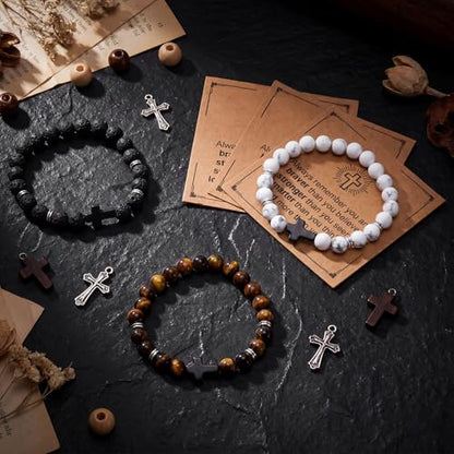 Kingdder 3 Pcs Cross Bracelet Tiger Eye Bracelet for Men 8mm Natural Stone Adjustable Christian Religious Birthday Jewelry - style: Black Cross