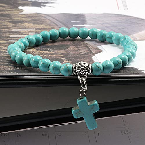 Softones 6mm Bead Cross Pendant Bracelet for Women Healing Stone Stretch Prayer Bracelet for Women,with Gift Box - color: Turquoise