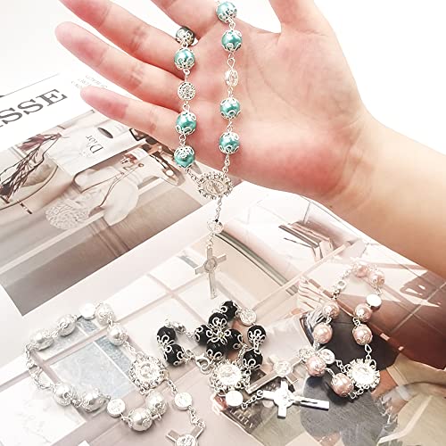 4 Pcs Rosary Beads Catholic, FineGood Cross Car Mirror Hanging Accessories Blessing Auto Rear View Mirror Pendant Car Decor Interior