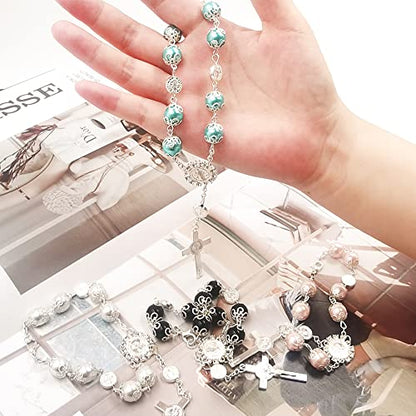 4 Pcs Rosary Beads Catholic, FineGood Cross Car Mirror Hanging Accessories Blessing Auto Rear View Mirror Pendant Car Decor Interior