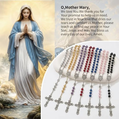 8mm Glass Pearl Rosary - Catholic Necklace for Men and Women Comes in a Metal Gift Box, First Communion Rosary Necklace as Gifts - color: Blue