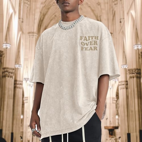 Christian Shirts for Men Faith Over Fear Oversized Tees - color: Apricot, size: 4X-Large