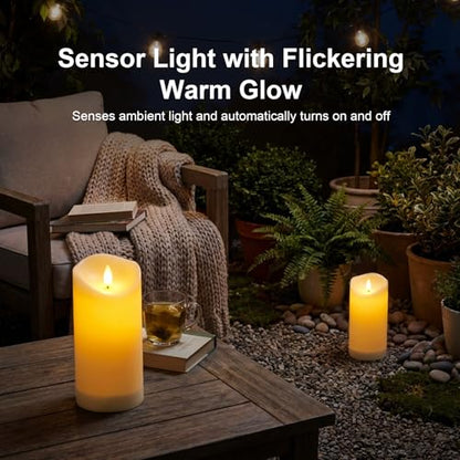 Solar Candles Outdoor Waterproof, Flameless LED Pillars Candles, Set of 2 - size: 3.25" × 8" (2-Pack)