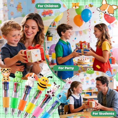 24 Pcs Animal Pens Multicolor Pen in One 4-in-1 Cute Pens Bulk for Kids,Ballpoint Pen with Fun Animals Shapes for Birthday Party, Classroom Prize,School Supplies - color: Animal