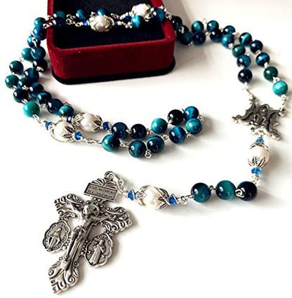 elegantmedical HANDMADE Peacock Blue Tiger Eye Beads Prayer Beads & (AAA) 10mm Pearl Catholic 5 Decade Rosary Cross Necklace Gift Box Italy Parden Crucifix