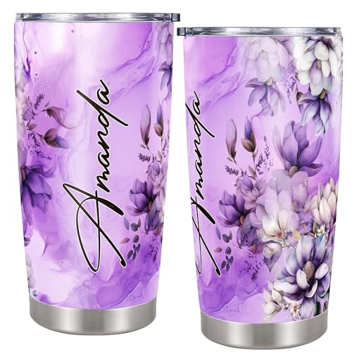 Personalized Floral Tumbler Custom Name Flower Insulated cups Travel Coffee Mug with Lids Stainless Steel 20 30 Oz Purple Gifts for Women Girl Birthday - color: Flower 628