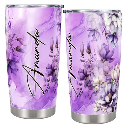 Personalized Floral Tumbler Custom Name Flower Insulated cups Travel Coffee Mug with Lids Stainless Steel 20 30 Oz Purple Gifts for Women Girl Birthday - color: Flower 628