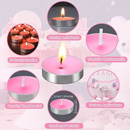 Roowest 50 Sets Baby Shower Tea Light Candles with Cards Bags Pink