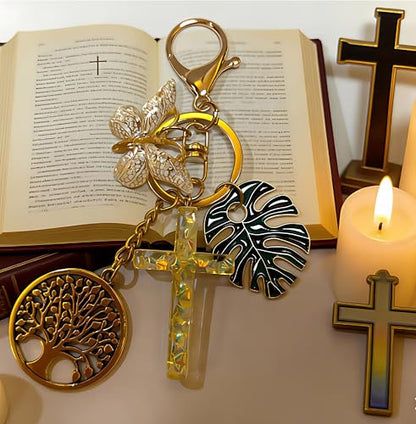 Cross Keychain for Women Jesus Christian Purse Bag Charms Key Charm Gifts for Women Purse Charms for Handbags - color: Glod Tone With Butterfly