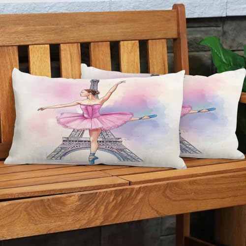 EKOBLA Eiffel Tower Accent Throw Pillow Covers Paris Beautiful Ballerina Girl Dancer Posing Oblong Rectangle Throw Pillow Cases for Sofa Bed Couch Cotton Linen 12x20 Inches - color: Multi-bs19