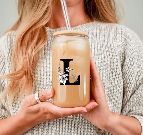 Monogrammed Initial Glass Cup Personalized Gifts for Women 16oz Initial Letter Glass Cups w/Lids Straws Birthday Valentine Mothers Day Gift for Her, L - color: Letter Cup-L