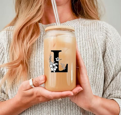 Monogrammed Initial Glass Cup Personalized Gifts for Women 16oz Initial Letter Glass Cups w/Lids Straws Birthday Valentine Mothers Day Gift for Her, L - color: Letter Cup-L