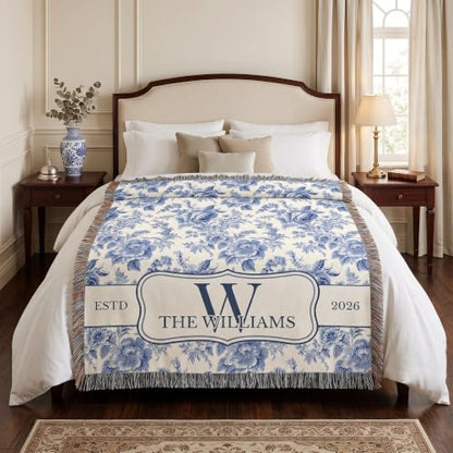 Chillever Personalized Monogram Woven Blanket with Last Name, Custom Floral Throw Blankets for Couch Bed, Cotton Anniversary Wedding Gift for Couple, New Home Housewarming Presents 2 - color: A5