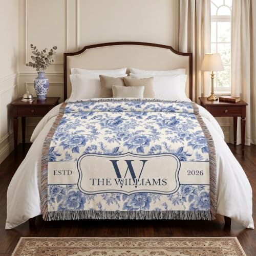 Chillever Personalized Monogram Woven Blanket with Last Name, Custom Floral Throw Blankets for Couch Bed, Cotton Anniversary Wedding Gift for Couple, New Home Housewarming Presents 2 - color: A5