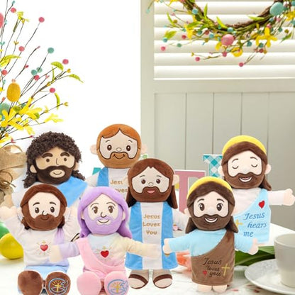 Yelakey Jesus Plush 10", Jesus Plush Stuffed Doll with Halo, White-Skinned Big-Eyed Cute Plushie Gifts for Kids, Christian Stuff Religious Party Toys for Church Easter Christmas Baptisms Favors - color: Brown-big-eyed