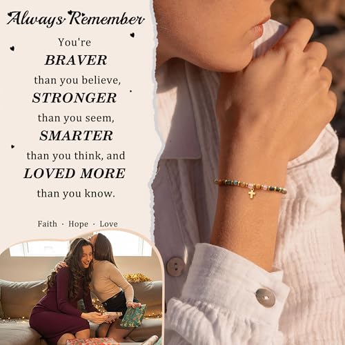 Cross Bracelets for Women Girls, Christian Gifts for Women Natural Stone Beaded Bracelets First Communion Confirmation Baptism Gifts Catholic Easter Christmas Inspirational Gift Jewelry - color: Agalmatolite - Always Remember