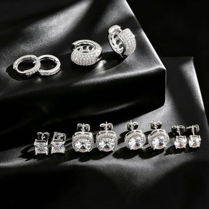 7 Pairs Stainless Steel Earrings for Men Women CZ Stud Hoop - color: Silver
