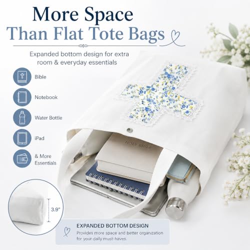 Christian Tote Bag Gift for Women, Canvas Bible Bag Handmade Floral Cross - color: White-forget Me Not