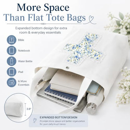 Christian Tote Bag Gift for Women, Canvas Bible Bag Handmade Floral Cross - color: White-forget Me Not