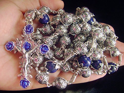 elegantmedical HANDMADE ANTIQUED 10MM BALI STERLING 925 SILVE Wire Wraped BEADS LAPIS LAZULI NECKLACE ROSARY CROSS NECKLACE MENS GIFTS