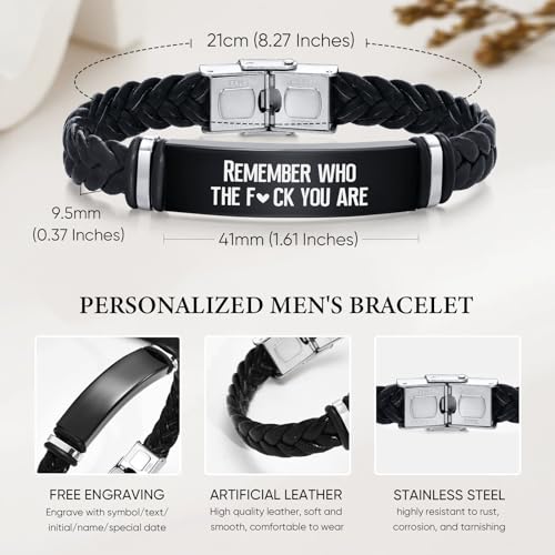 Leather Bracelet Sobriety Gifts for Men : Inspirational Quote/Bible Verse Engraved Braided Black Mens Bracelet for Him, Customized Religious Christian Gift Jewelry for Son/Dad/Boys/Boyfriend/Husband - style: 14:Remember who the fuk you are
