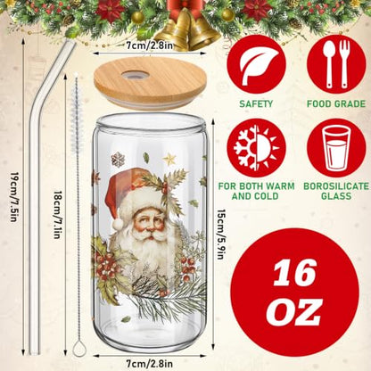 Teenyyou 12 Sets of Christmas Glasses Cups with Bamboo Lid and Glass Straw 16 oz Vintage Christmas Glass Jar Winter Drinking Cups Santa Snowman Elk Coffee Cup for Women Men Xmas Holiday Party Gifts - style: Retro Christmas