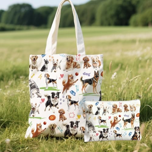 2 Pack Canvas Tote Bag with Makeup Zipper Pouch Colorful Polyester Printed Reusable Shopping Bags for Women - style: Dog