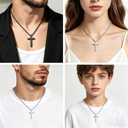 Cross Necklace for Men, Silver Black Cross Stainless Steel Pendant Necklace, Mens Necklace 18, 20, 22, 24 Inch (2Pcs)