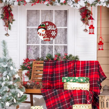 JarThenaAMCS Christmas Winter Welcome Door Sign Xmas Red Snowman Snowflake Wooden Front Door Hanging Sign 3D Round Outdoor Hanger for Party Home Wall Porch Decorations, 12 Inch - style: Snowman