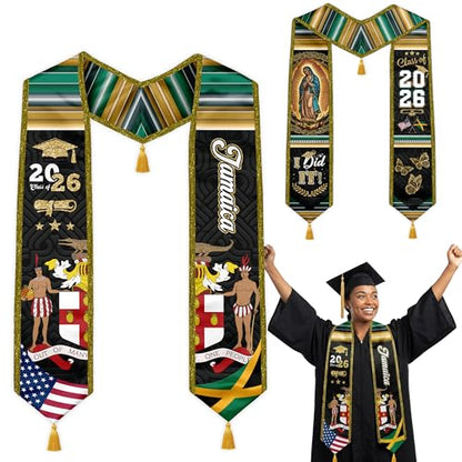 Graduation Stole Class of 2026 Reversible Sash with Gold Glitter Trim and Tassels V-Neck 72 Inch Satin - color: Jamaica & America