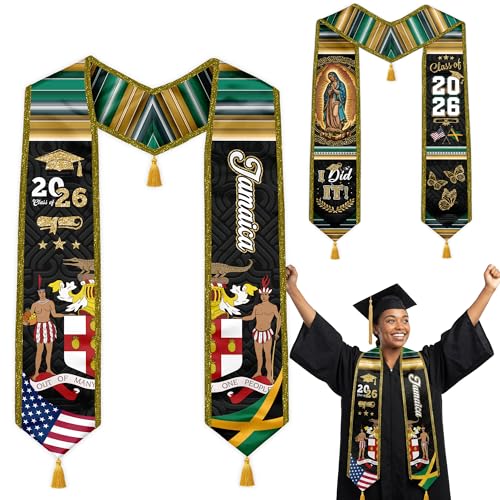 Graduation Stole Class of 2026 Reversible Sash with Gold Glitter Trim and Tassels V-Neck 72 Inch Satin - color: Jamaica & America