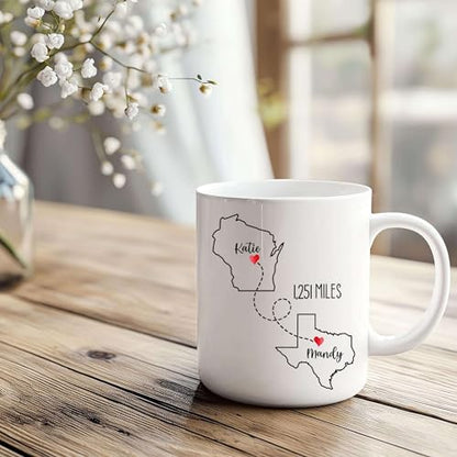 Personalized Miles Apart But Close At Heart Mug - Personalized Long Distance State To State- Moving Away Cup - Bestie Birthday Gift - Custom Map State Distance Coffee Mug - color: DISTANT-MAP-M2