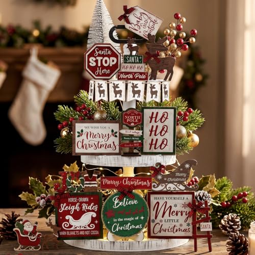 Vercraft Christmas Tiered Tray Decor Xmas Wooden Table Decor, Reindeer - style: Reindeer