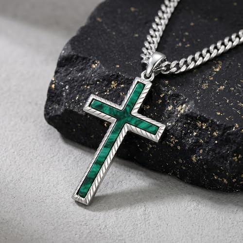 MRENITE Silver Natural Stone Cross Necklace, Classic Latin Cross Pendant Necklace for Unisex Women Man, Vintage Crystal Quartz Cross Necklace with 20+2 Inches Adjustable Cuban Chain - style: Malachite