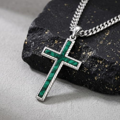 MRENITE Silver Natural Stone Cross Necklace, Classic Latin Cross Pendant Necklace for Unisex Women Man, Vintage Crystal Quartz Cross Necklace with 20+2 Inches Adjustable Cuban Chain - style: Malachite