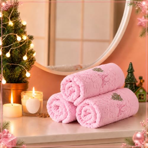 3 Pcs Pink Christmas Hand Towels for Bathroom 3D Bow, Pink, Snowflakes - color: Pink, size: Snowflakes